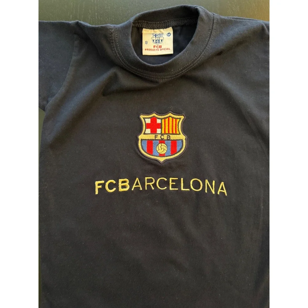 FC Barcelona Official Kids Shirt Size 8 Navy Embroidered Youth Futbol SS Fan Tee